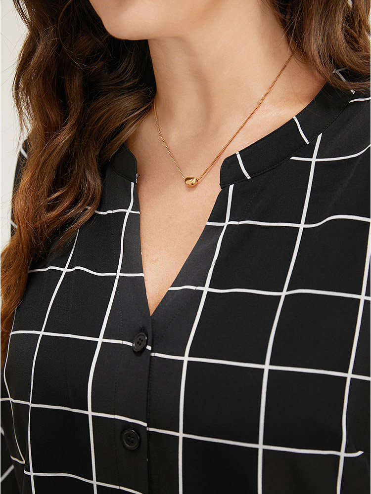 Plus Size Women Work Plaid Ruffles Ruffle Sleeve Elbow-length sleeve Notched collar Office Blouses BloomChic 