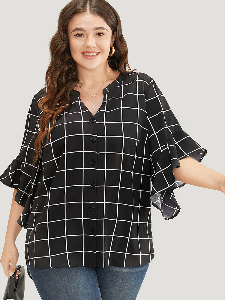 Plus Size Women Work Plaid Ruffles Ruffle Sleeve Elbow-length sleeve Notched collar Office Blouses BloomChic 