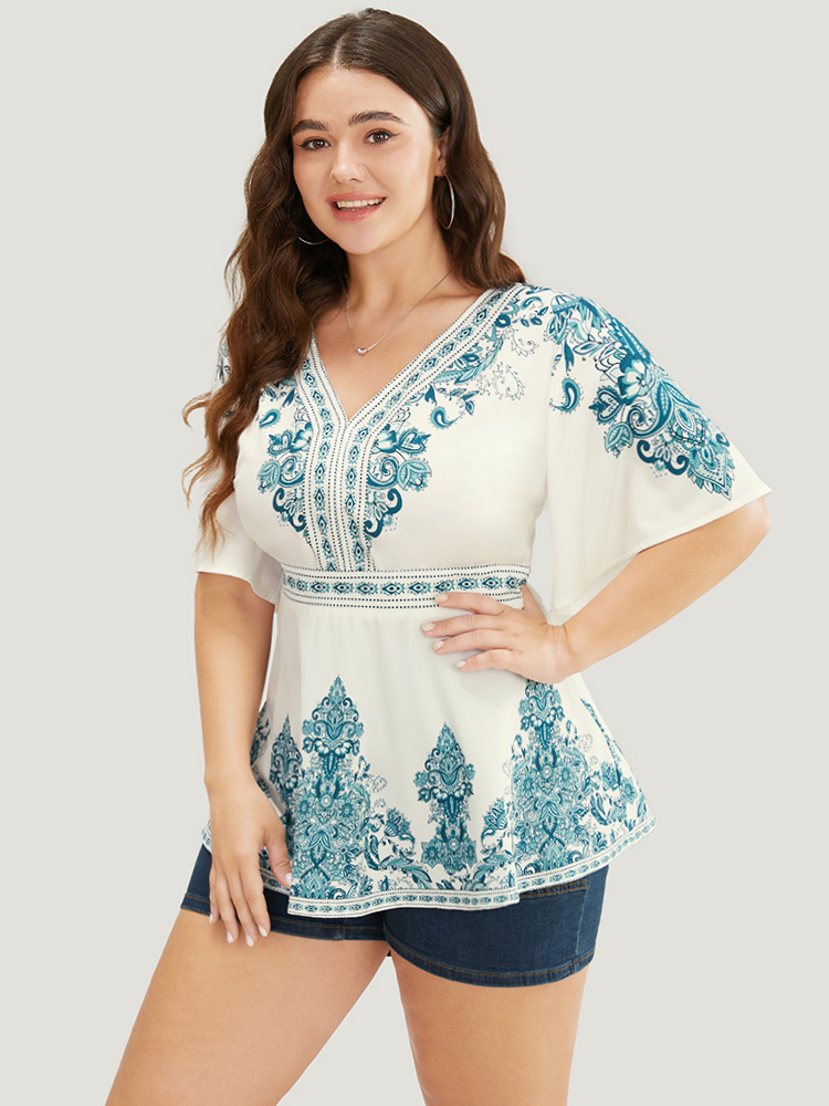 

Plus Size Cerulean Bandana Print Ruffles Elastic Waist Blouse Women Vacation Short sleeve V-neck Dailywear Blouses BloomChic