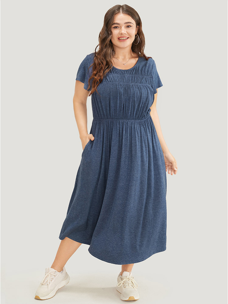 

Plus Size Plain Gathered Pocket Round Neck Ruffle Sleeve Dress DarkBlue Women Office Gathered Round Neck Short sleeve Curvy Midi Dress BloomChic