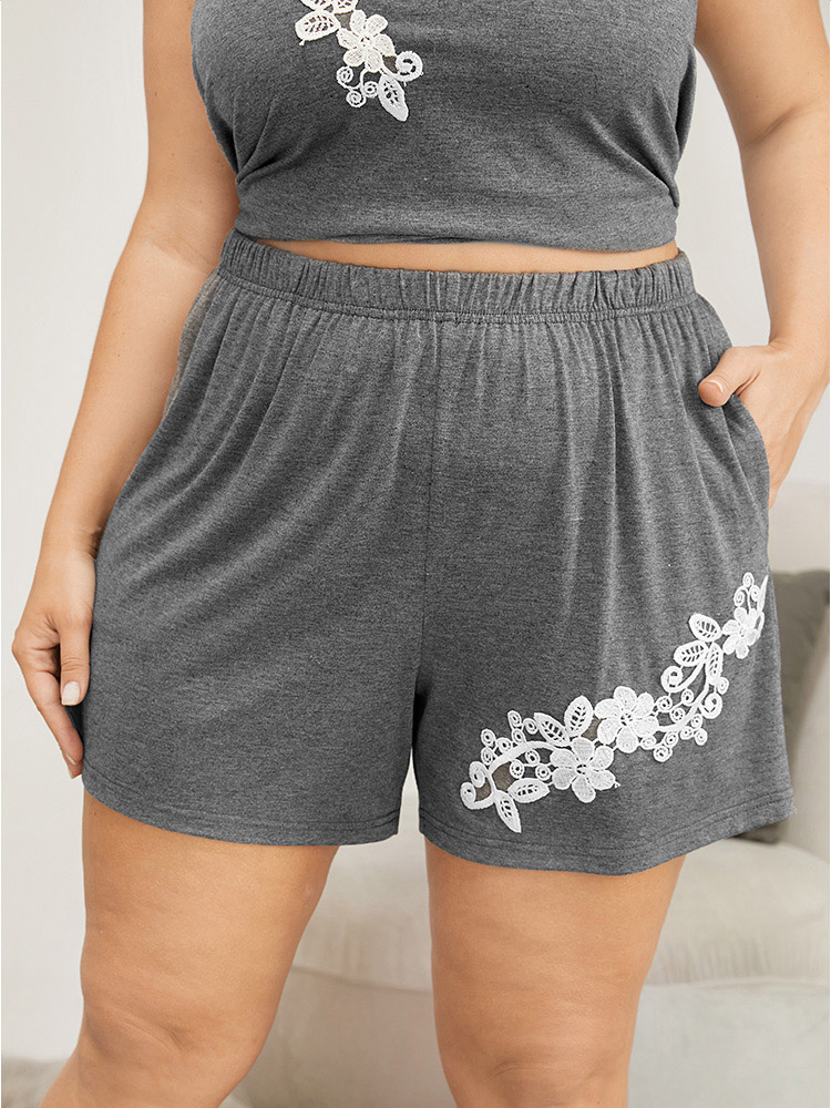 

Plus Size Solid Guipure Lace Pocket Sleep Shorts Women DimGray Elegant Plain Lace Shoulderless Pocket Loungewear BloomChic