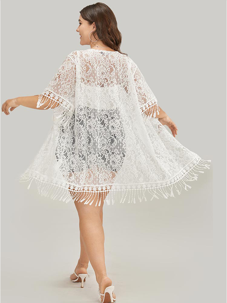 

Plus Size Solid Lace Fringe Trim Open Front Kimono Women White Elegant Patchwork Dailywear Kimonos BloomChic