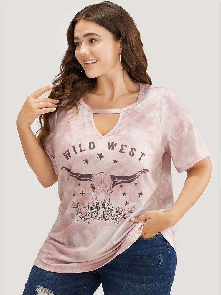 

Plus Size Letter & Star Print Keyhole Tie Dye T-shirt MistyRose Women Casual Keyhole Western Round Neck Dailywear T-shirts BloomChic