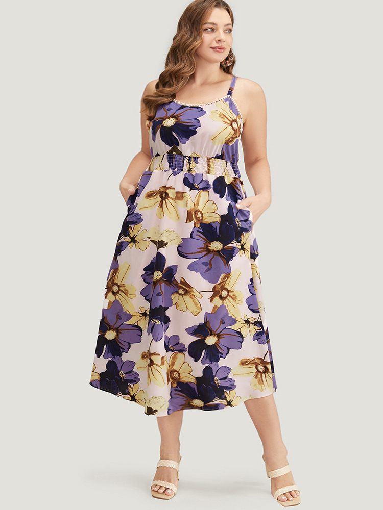 

Plus Size Floral Ruffle Hem Pocket Shirred Cami Dress Mauve Women Elegant Adjustable Straps Spaghetti Strap Sleeveless Curvy Midi Dress BloomChic