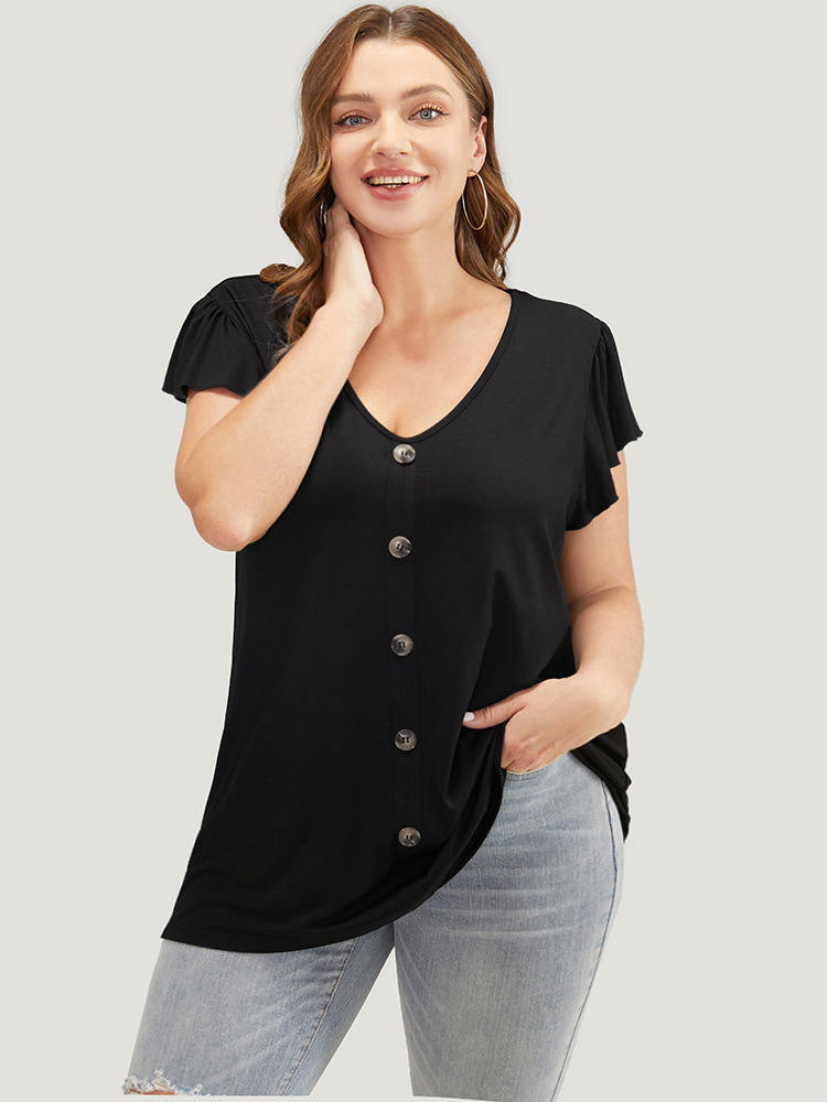 

Plain Cap Sleeve Ruffles Button Detail V Neck T-shirt, Black