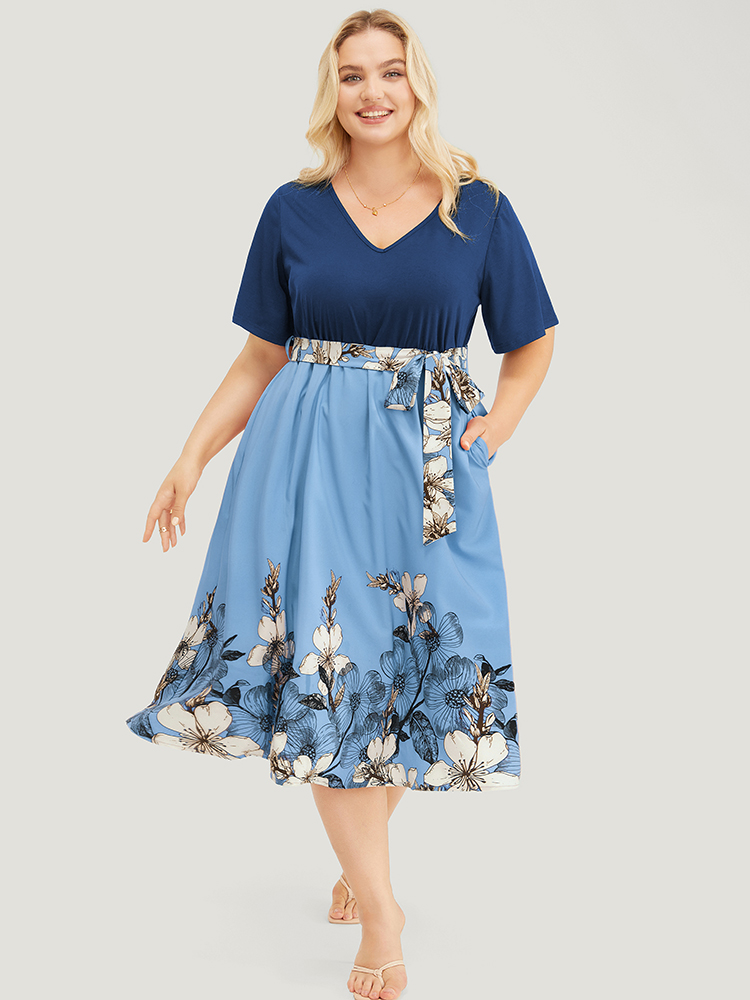 

Plus Size Floral Patchwork Contrast Belt Pocket Ruffle Dress Stone Women Vacation Belted V-neck Short sleeve Curvy Midi Dress BloomChic