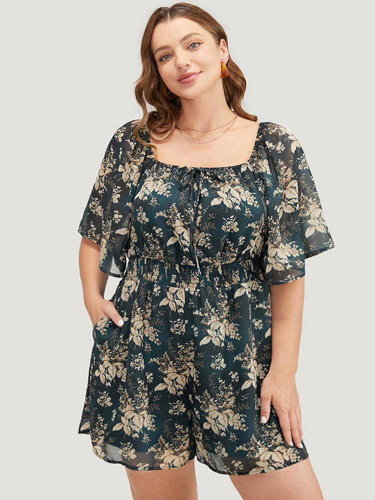 

Plus Size Floral Shirred Knot Square Neck Ruffles Romper Cyan Floral Pocket Elegant Dailywear  Rompers Bloomchic