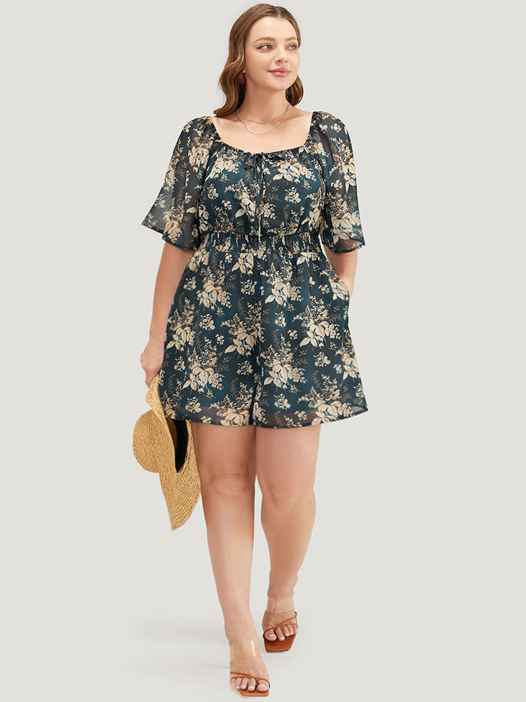 

Plus Size Floral Shirred Knot Square Neck Ruffles Romper Cyan Floral Pocket Elegant Dailywear  Rompers Bloomchic