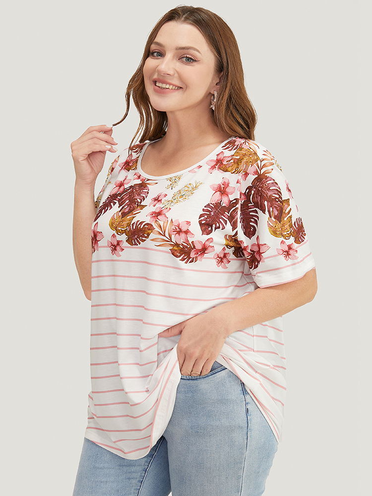 Plus Size Women Dailywear Tropical Regular Sleeve Short sleeve Round Neck Vacation T-shirts BloomChic 