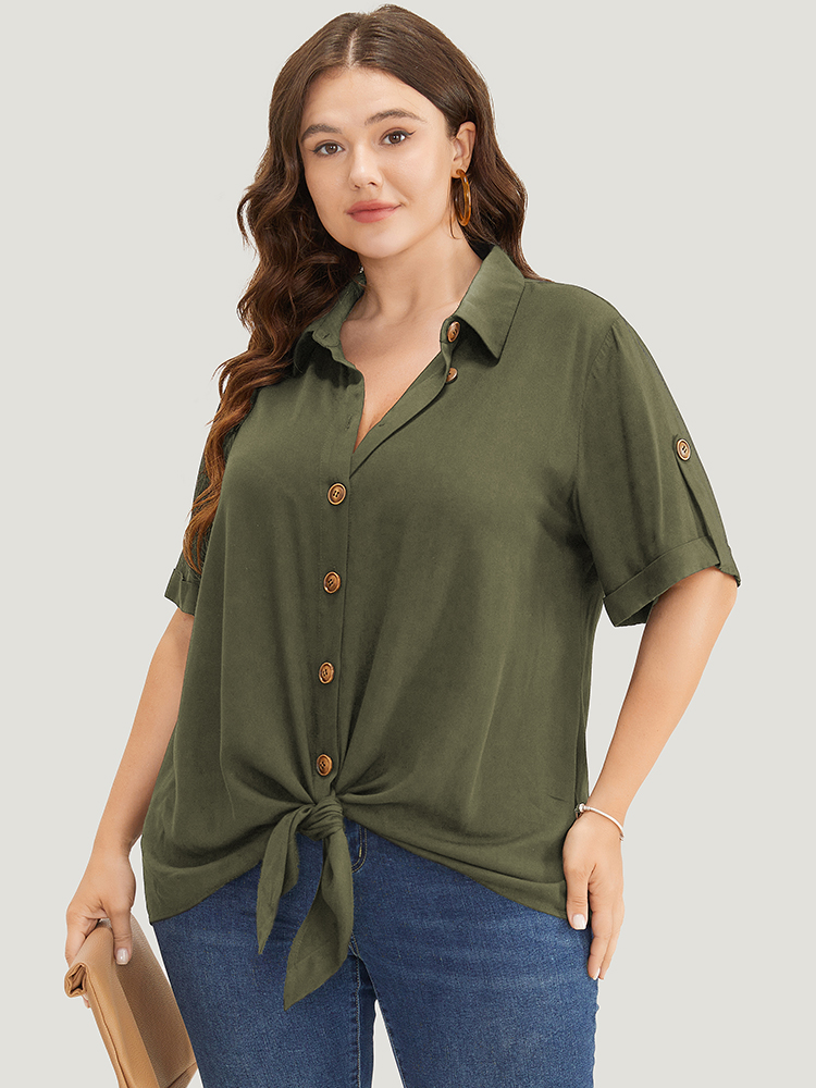 

Plus Size ArmyGreen Solid Button Up Roll Sleeve Knotted Hem Blouse Women Office Short sleeve Shirt collar Dailywear Blouses BloomChic