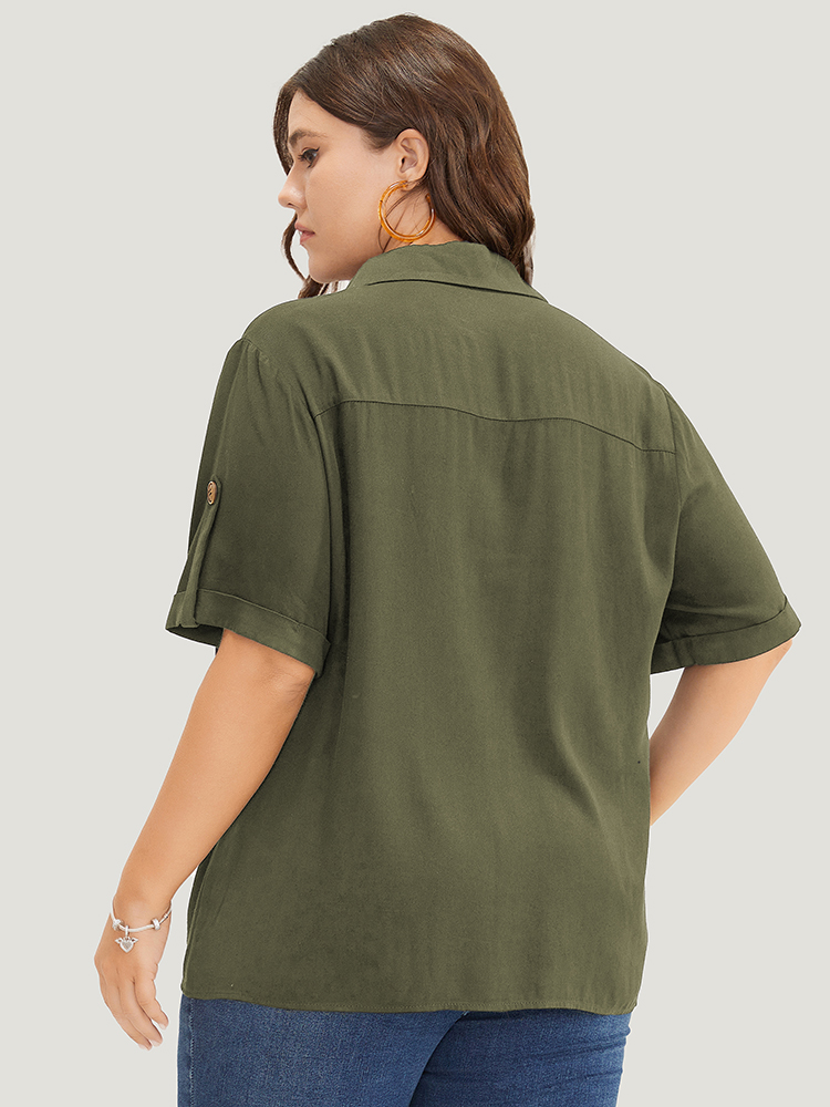 

Plus Size ArmyGreen Solid Button Up Roll Sleeve Knotted Hem Blouse Women Office Short sleeve Shirt collar Dailywear Blouses BloomChic