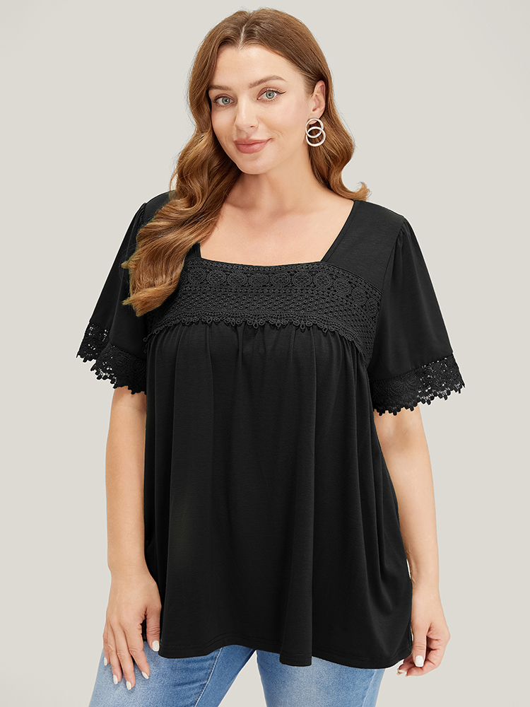 

Plus Size Plain Lace Square Neck Gathered T-shirt Black Square Neck Short sleeve Elegant Jersey Tops