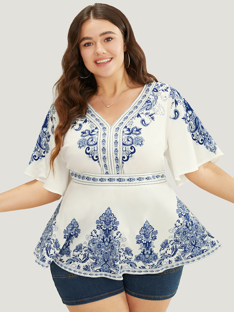 

Plus Size Indigo Bandana Print Ruffles Elastic Waist Blouse Women Vacation Short sleeve V-neck Dailywear Blouses BloomChic