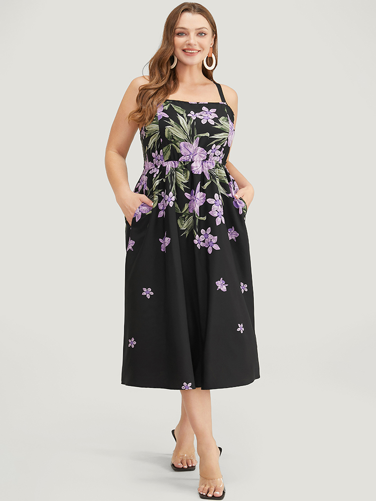 

Plus Size Floral Pocket Adjustable Straps Ruffle Hem Cami Dress Black Women Elegant Adjustable Straps Spaghetti Strap Sleeveless Curvy Midi Dress BloomChic