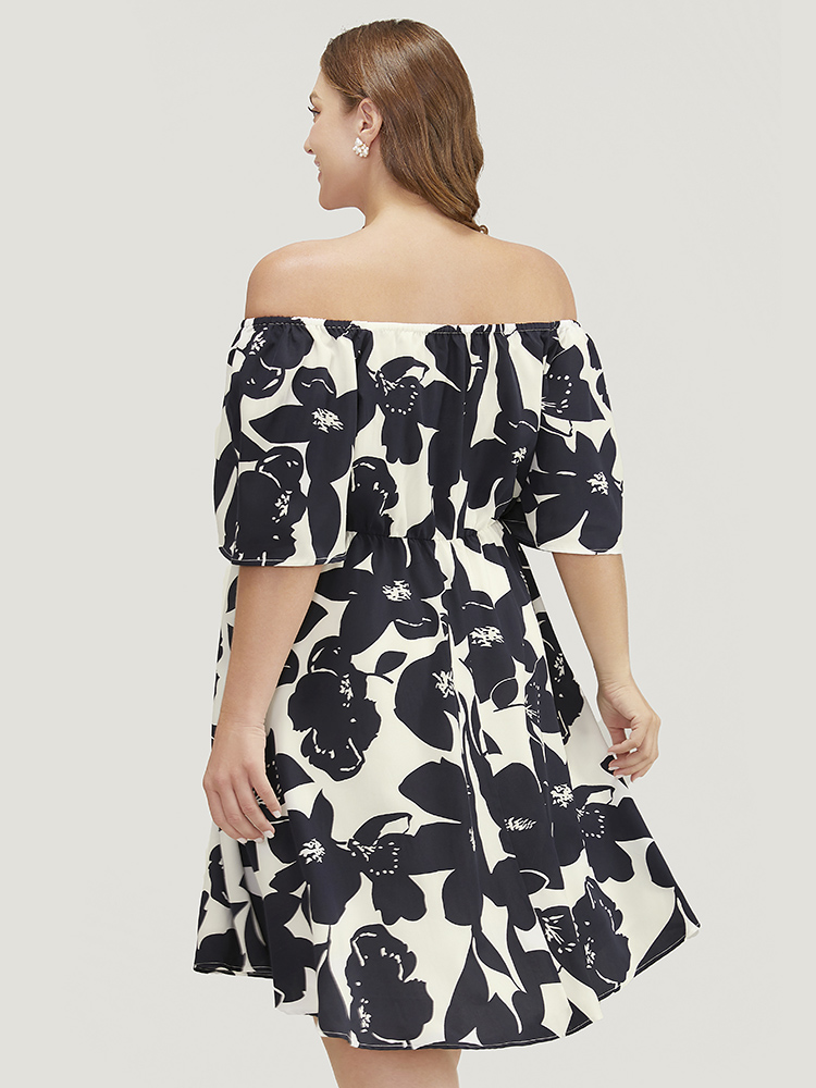 Plus Size Floral Ruffle Sleeve Pocket Off Shoulder Dress DarkBlue Women Elegant Pocket One-shoulder neck Short sleeve Curvy Knee Dress BloomChic 12/L 
