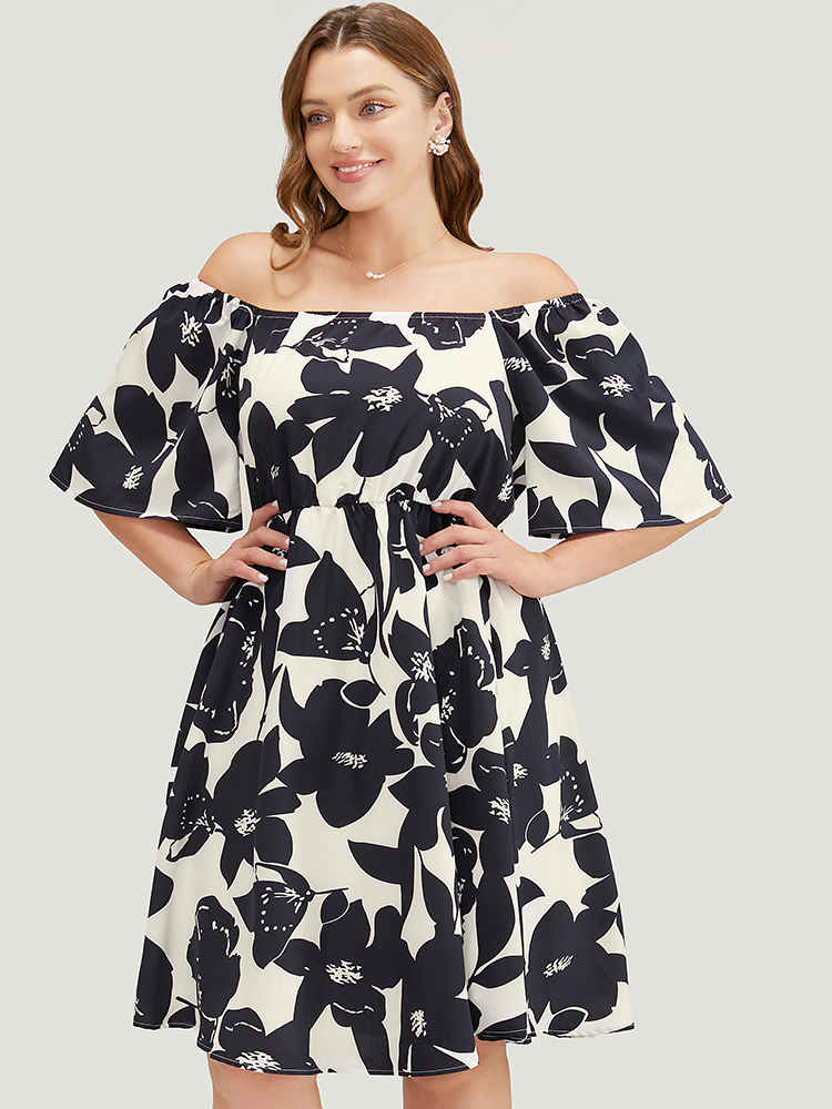 Plus Size Floral Ruffle Sleeve Pocket Off Shoulder Dress DarkBlue Women Elegant Pocket One-shoulder neck Short sleeve Curvy Knee Dress BloomChic 12/L 