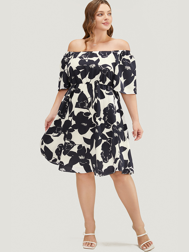 Plus Size Floral Ruffle Sleeve Pocket Off Shoulder Dress DarkBlue Women Elegant Pocket One-shoulder neck Short sleeve Curvy Knee Dress BloomChic 12/L 