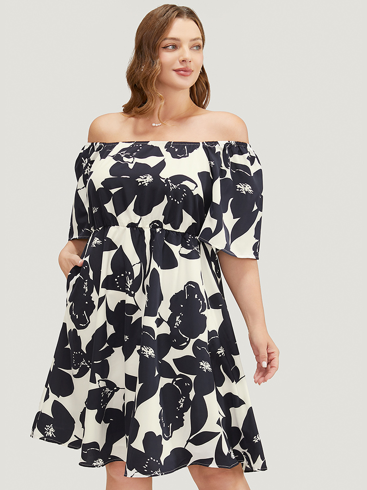 Plus Size Floral Ruffle Sleeve Pocket Off Shoulder Dress DarkBlue Women Elegant Pocket One-shoulder neck Short sleeve Curvy Knee Dress BloomChic 12/L 