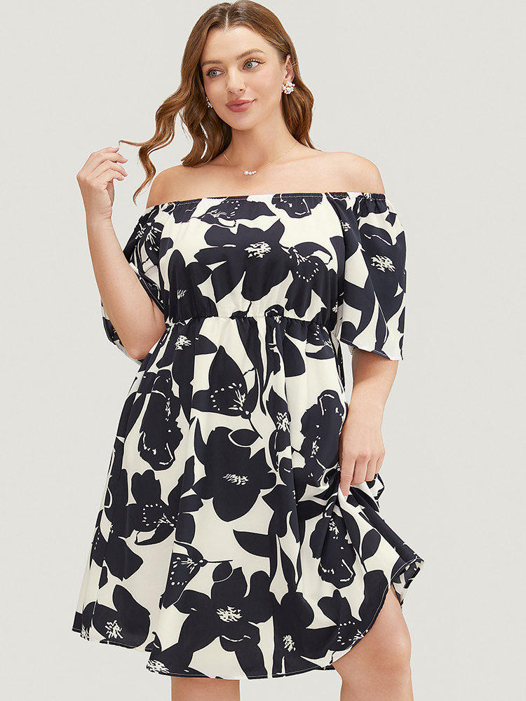 Plus Size Floral Ruffle Sleeve Pocket Off Shoulder Dress DarkBlue Women Elegant Pocket One-shoulder neck Short sleeve Curvy Knee Dress BloomChic 12/L 