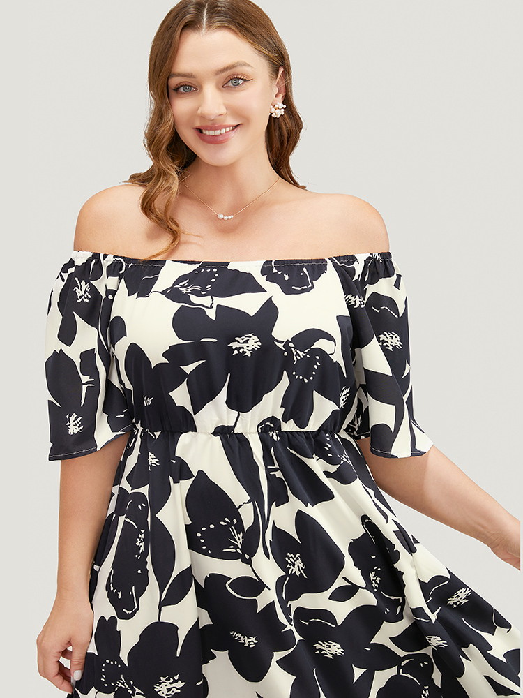 Plus Size Floral Ruffle Sleeve Pocket Off Shoulder Dress DarkBlue Women Elegant Pocket One-shoulder neck Short sleeve Curvy Knee Dress BloomChic 12/L 