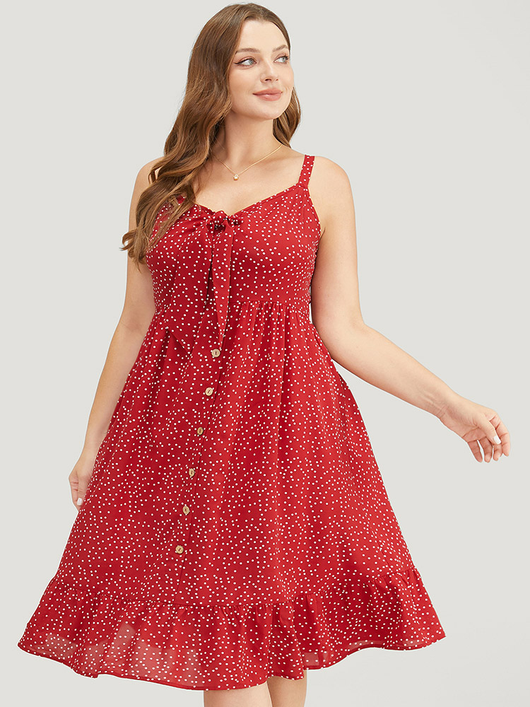 

Plus Size Polka Dot Button Detail Knotted Pocket Cami Dress Crimson Women Adjustable Straps Spaghetti Strap Sleeveless Curvy Knee Dress BloomChic