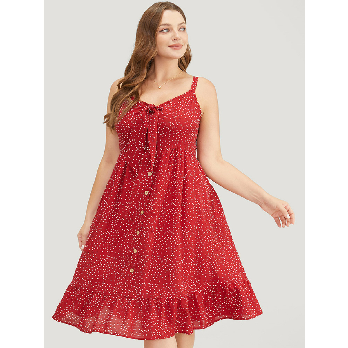 

Plus Size Polka Dot Button Detail Knotted Pocket Cami Dress Crimson Women Adjustable Straps Spaghetti Strap Sleeveless Curvy Knee Dress BloomChic