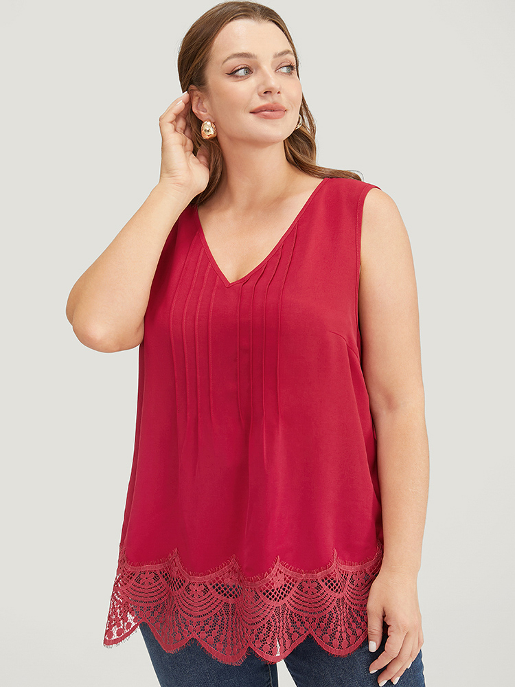 

Plus Size Solid Pleated Front Lace Hem Tank Top Women Scarlet Elegant Pleated V-neck Dailywear Tank Tops Camis BloomChic