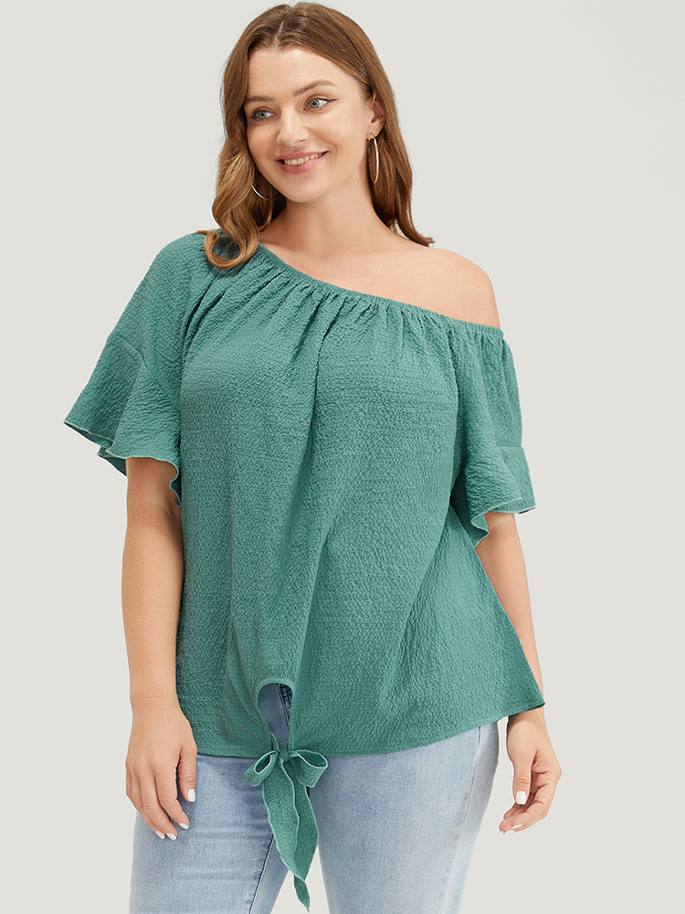 

Plus Size Teal Solid Cut Out Knotted Hem Ruffle Sleeve One Shoulder Blouse Women Elegant Short sleeve One Shoulder Dailywear Blouses BloomChic