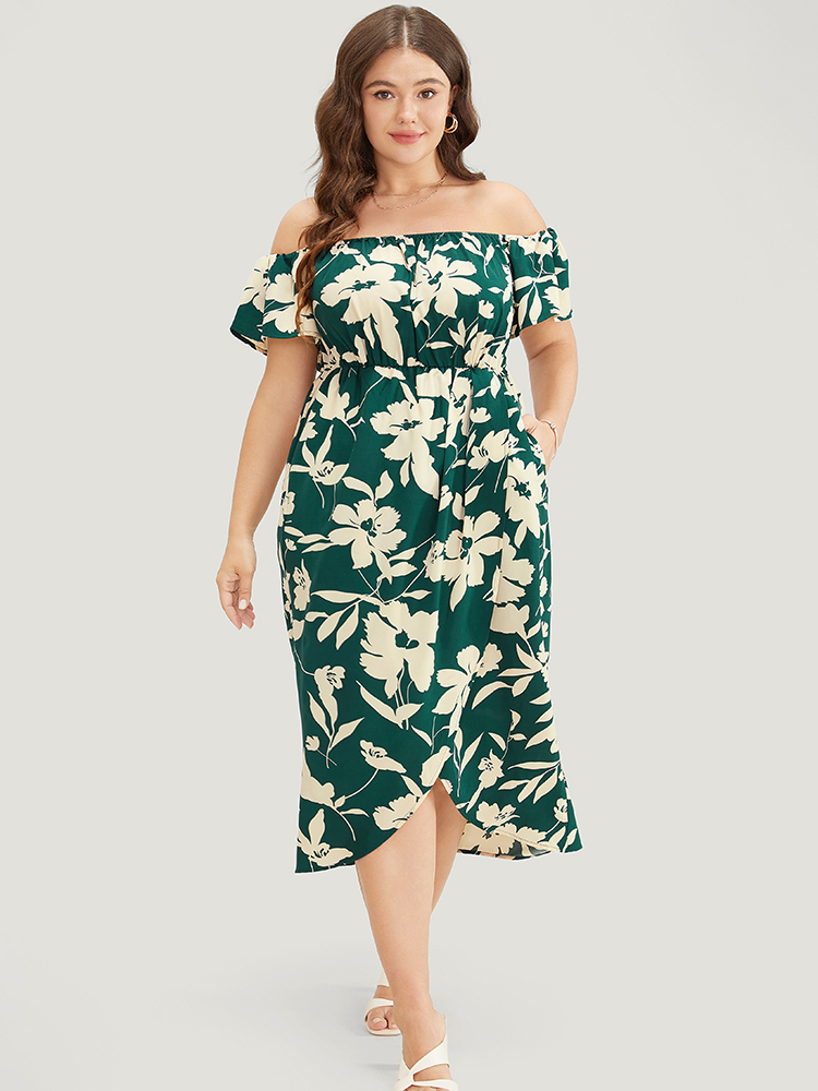 

Plus Size Floral Ruffles Pleated Split Hem Pocket Off Shoulder Dress Emerald Women Elegant Printed One-shoulder neck Short sleeve Curvy Midi Dress BloomChic