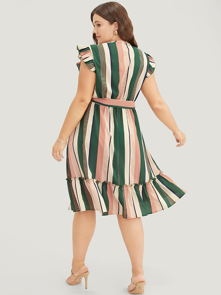 Plus Size Women Dailywear Striped Contrast Ruffle Sleeve Cap Sleeve V-neck Pocket Belt Vacation Dresses BloomChic 