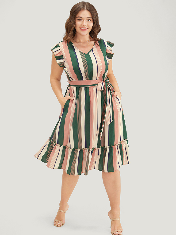 Plus Size Women Dailywear Striped Contrast Ruffle Sleeve Cap Sleeve V-neck Pocket Belt Vacation Dresses BloomChic 
