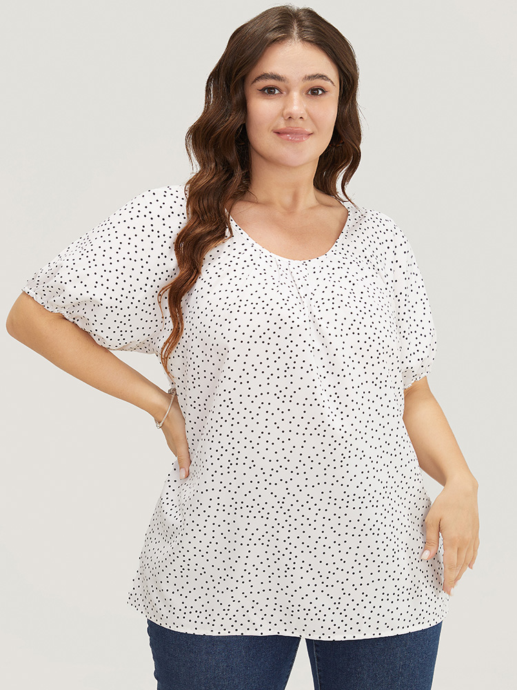 

Plus Size White Polka Dot Pleated Round Neck Puff Sleeve Blouse Women Office Short sleeve Round Neck Work Blouses BloomChic