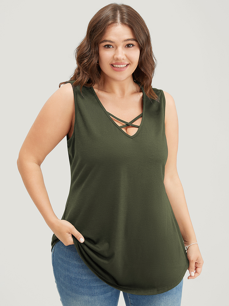 

Plus Size Plain Crisscross Deep V Neck Tank Top Women ArmyGreen Casual Deep V-neck Dailywear Tank Tops Camis BloomChic