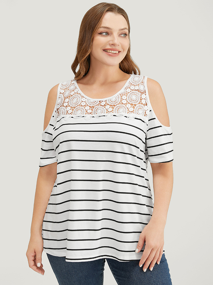 

Plus Size Striped Print Lace Cold Shoulder T-shirt White Cold Shoulder Short sleeve Elegant Jersey Tops