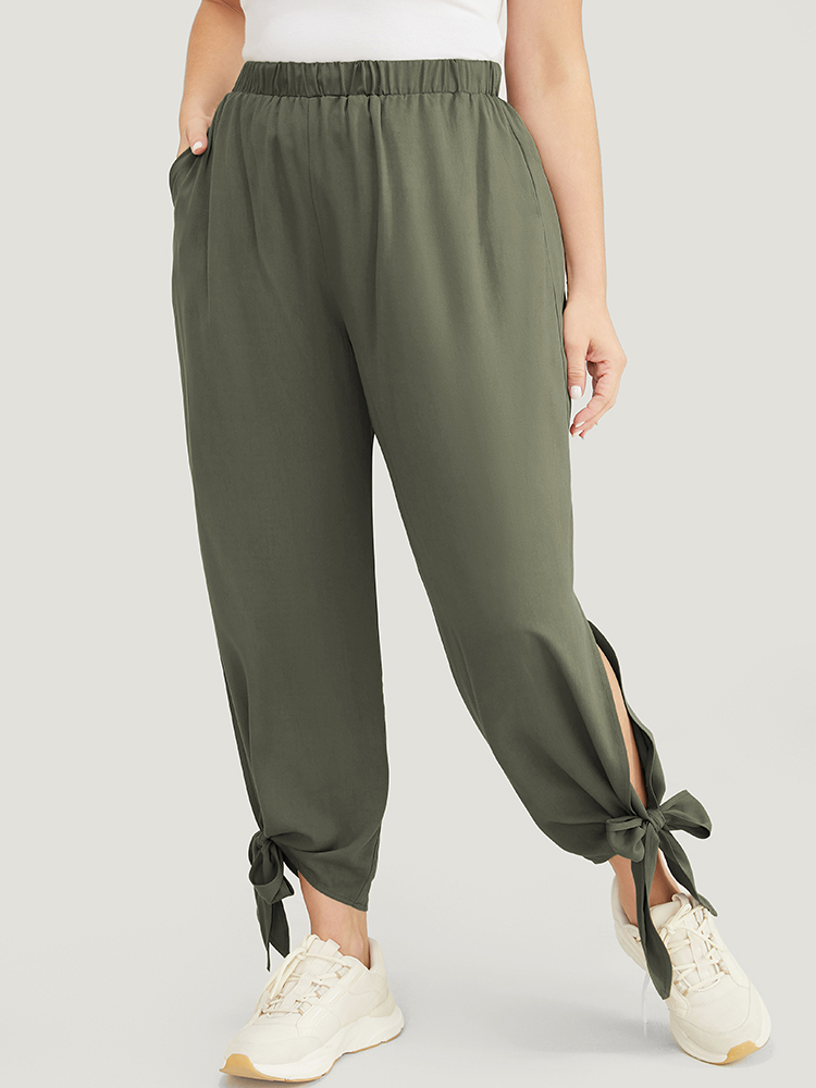 

Plus Size Solid Knotted Split Hem Pocket Pants Women Sage Casual Loose High Rise Dailywear Pants BloomChic