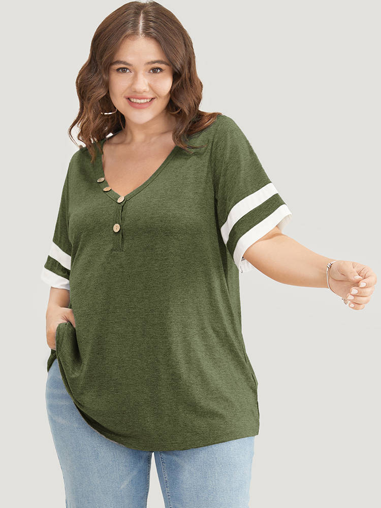 

Plus Size Striped Contrast V Neck Button Detail T-shirt ArmyGreen Women Casual Contrast Plain V-neck Dailywear T-shirts BloomChic