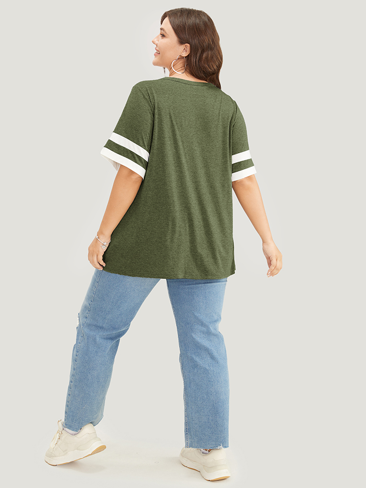 

Plus Size Striped Contrast V Neck Button Detail T-shirt ArmyGreen Women Casual Contrast Plain V-neck Dailywear T-shirts BloomChic