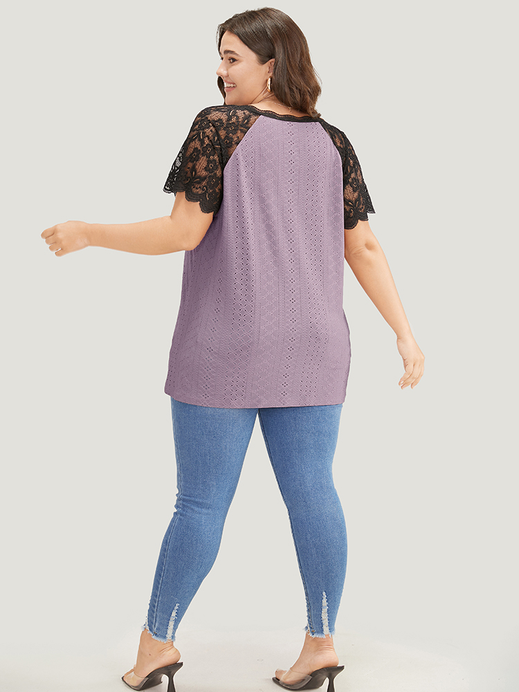 

Plus Size Plain Lace Raglan Sleeve Broderie Anglaise Scalloped Trim T-shirt Mauve Elegant Jersey Tops