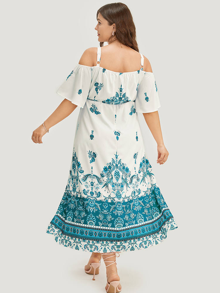 

Plus Size Bandana Print Pocket Cold Shoulder Flutter Hem Dress Cerulean Women Vacation Lined Cold Shoulder Short sleeve Curvy Midi Dress BloomChic