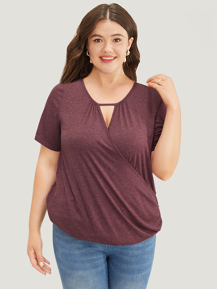 

Plus Size Solid Cut Out Wrap T-shirt Russet Round Neck Short sleeve Elegant Jersey Tops