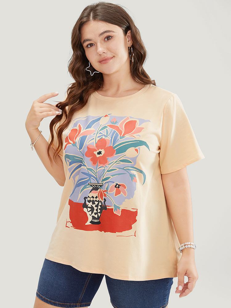 

Plus Size Floral Print Drop Shoulder Soft Graphic Tee Champagne Women Casual Plain Natural Flowers Dailywear T-shirts BloomChic