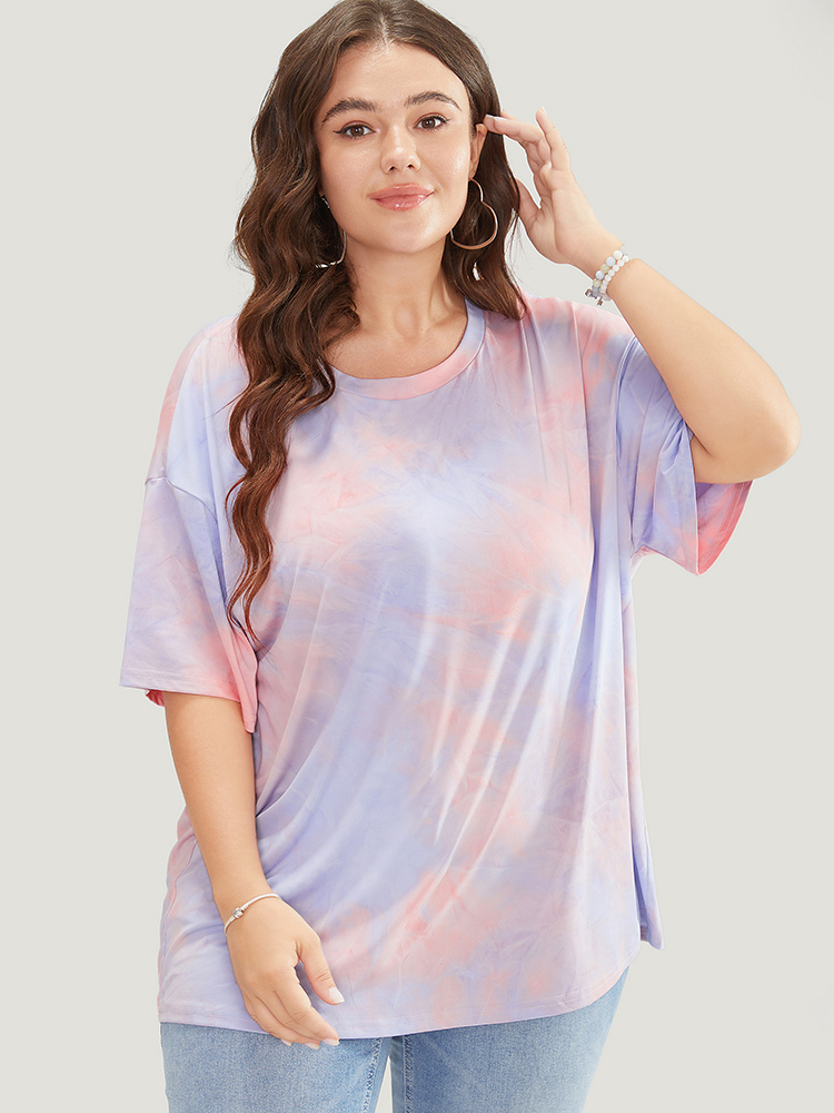 Plus Size Tie Dye Round Neck Half Sleeve T-shirt Pink Women Casual Tie Dye Tie Dye Round Neck Dailywear T-shirts BloomChic 22-24/3X 