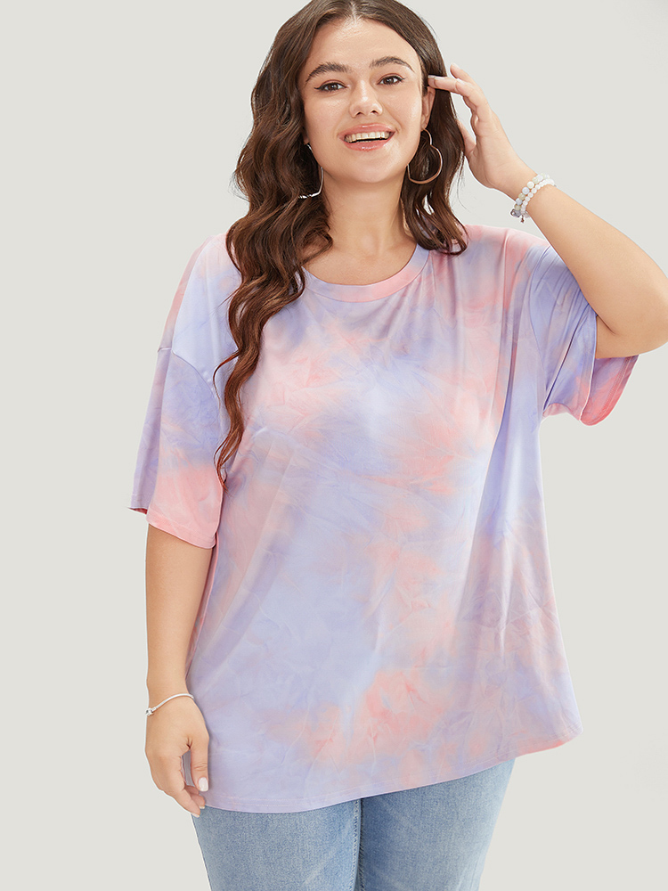 Plus Size Tie Dye Round Neck Half Sleeve T-shirt Pink Women Casual Tie Dye Tie Dye Round Neck Dailywear T-shirts BloomChic 22-24/3X 