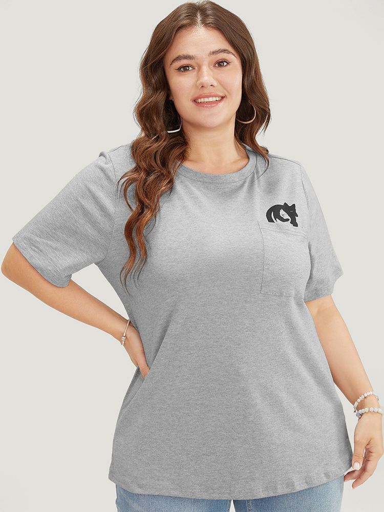 

Plus Size Cartoon Animal Patched Pocket T-shirt LightGray Women Casual Plain Animal Dailywear T-shirts BloomChic