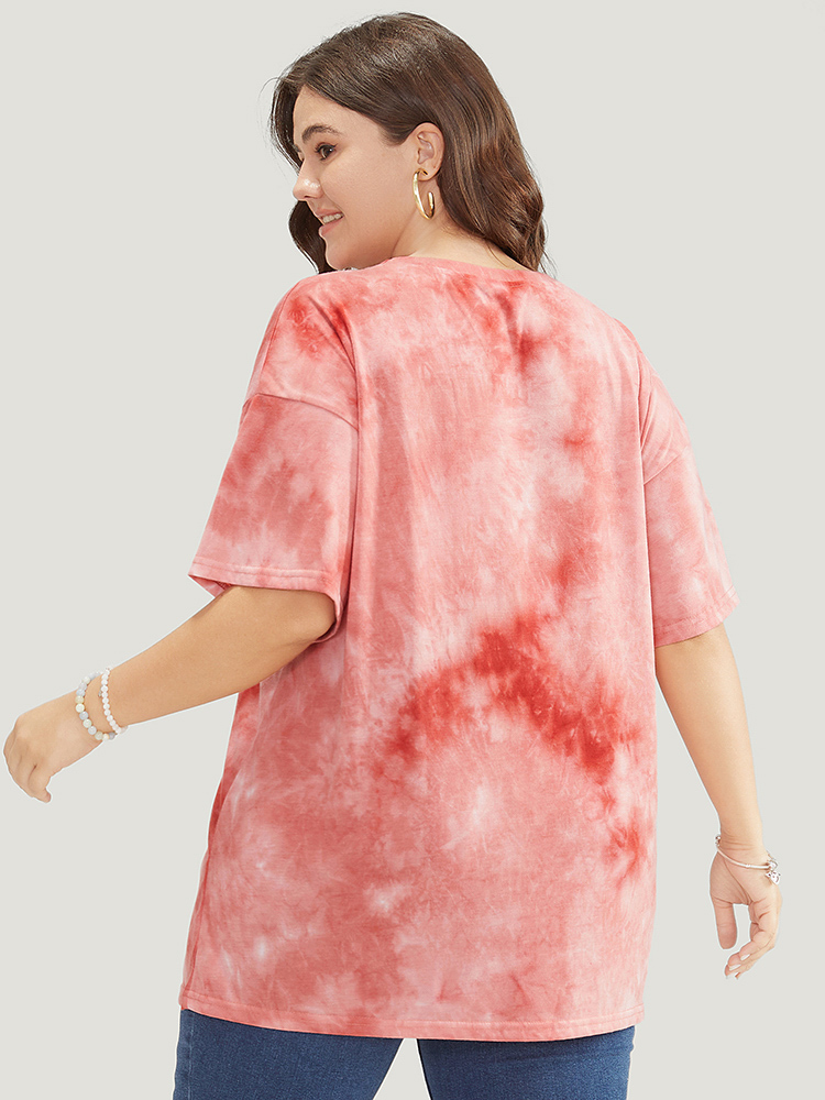 

Plus Size Slogan & Floral Crew Neck Short Sleeve Tie Dye T-shirt Coral Women Casual Printed Natural Flowers Dailywear T-shirts BloomChic