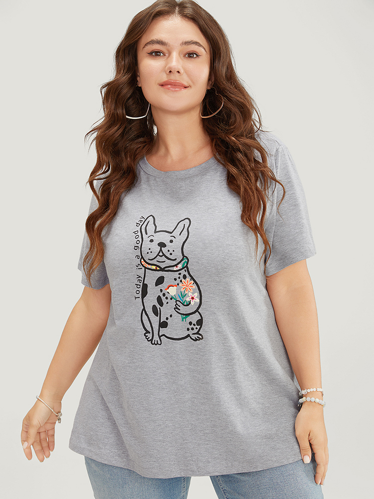 

Plus Size Cartoon Dog & Floral Print Short Sleeve T-shirt LightGray Women Casual Plain Natural Flowers Round Neck Dailywear T-shirts BloomChic