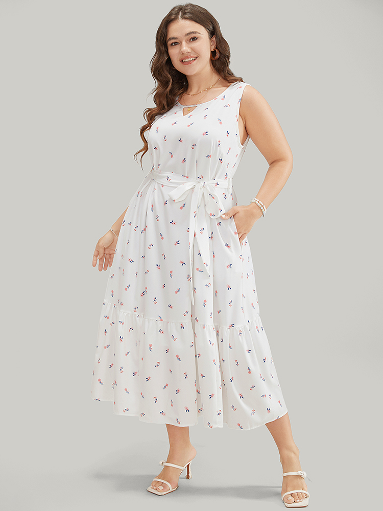Plus Size Women Dailywear Ditsy Floral Belted Sleeveless Sleeveless Keyhole Cut-Out Pocket Belt Elegant Dresses BloomChic 