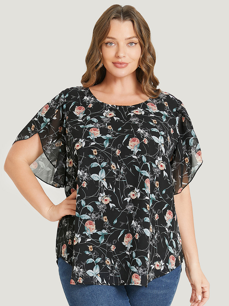 Plus Size Women Dailywear Floral Regular Sleeve Short sleeve Round Neck Elegant Blouses BloomChic 