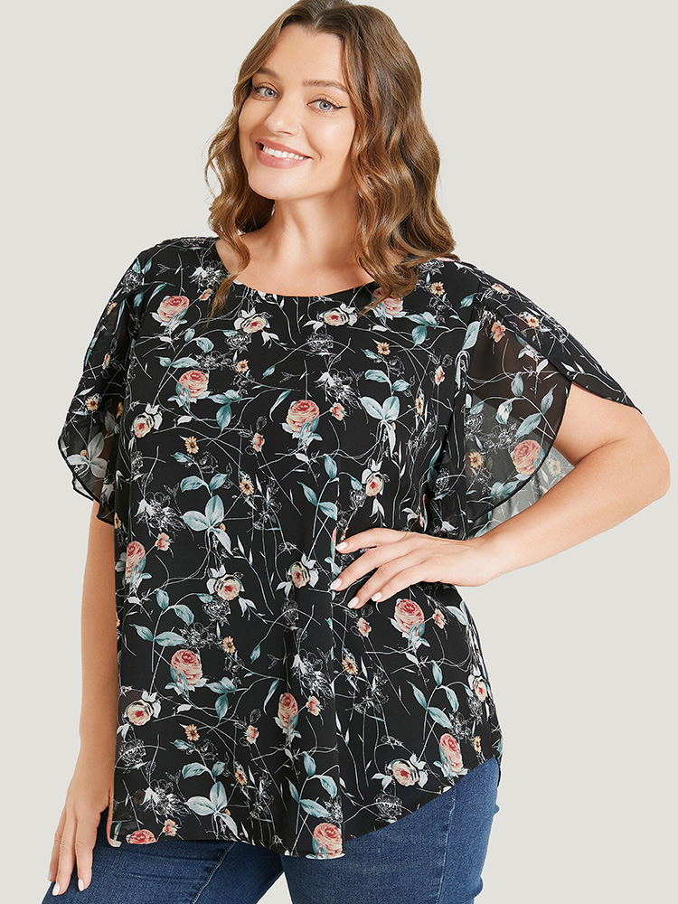 Plus Size Women Dailywear Floral Regular Sleeve Short sleeve Round Neck Elegant Blouses BloomChic 