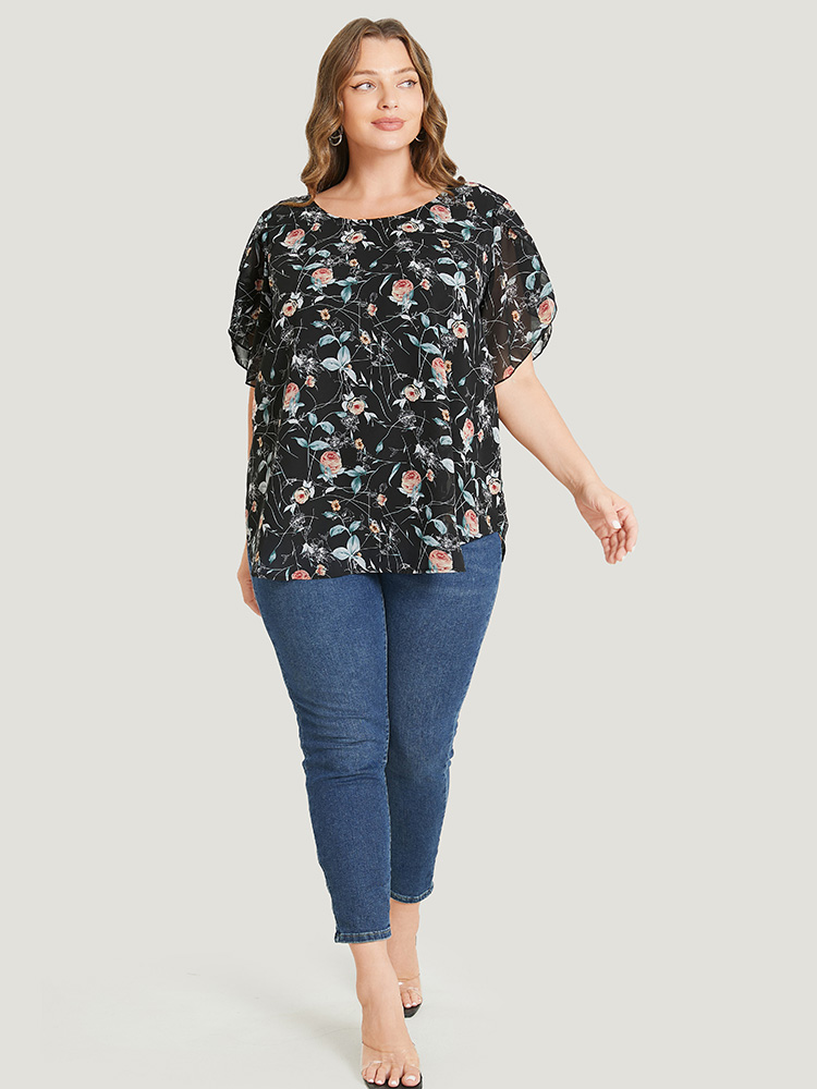 Plus Size Women Dailywear Floral Regular Sleeve Short sleeve Round Neck Elegant Blouses BloomChic 